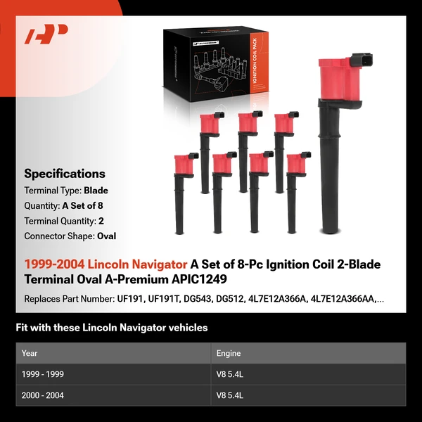 1999-2004 Lincoln Navigator A Set of 8-Pc Ignition Coil 2-Blade Terminal Oval A-Premium APIC1249