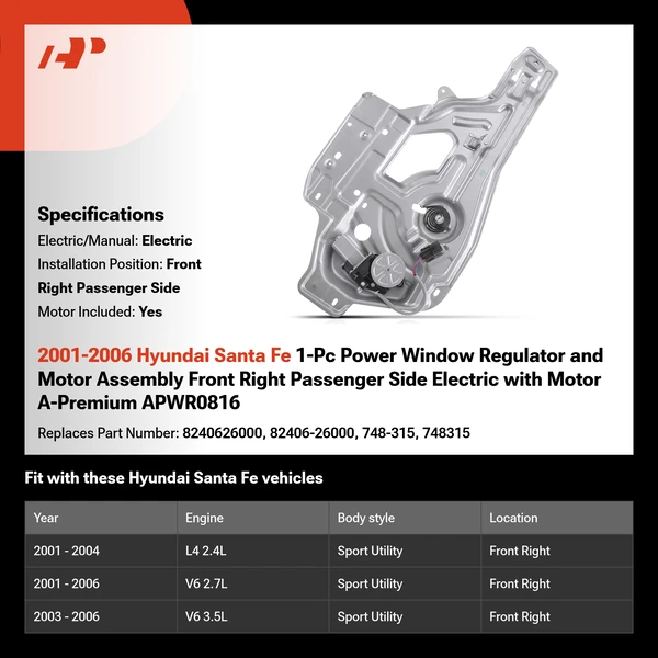 2001-2006 Hyundai Santa Fe 1-Pc Power Window Regulator and Motor Assembly Front Right Passenger Side Electric with Motor A-Premium APWR0816