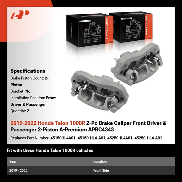 2019-2022 Honda Talon 1000R 2-Pc Brake Caliper Front Driver & Passenger 2-Piston A-Premium APBC4343
