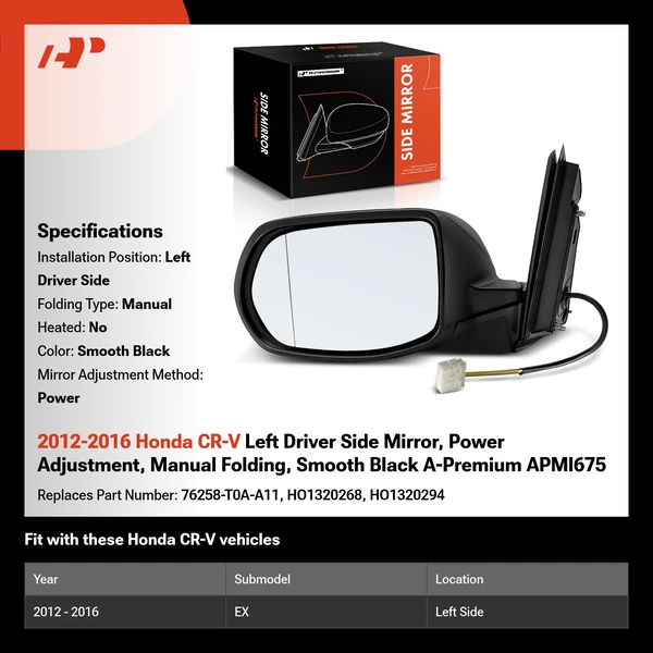 2012-2016 Honda CR-V Left Driver Side Mirror, Power Adjustment, Manual Folding, Smooth Black A-Premium APMI675