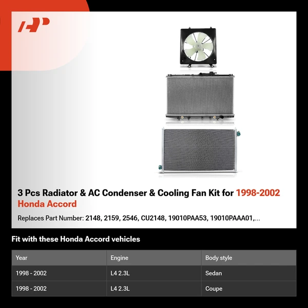 3 Pcs Radiator & AC Condenser & Cooling Fan Kit for 1998-2002 Honda Accord
