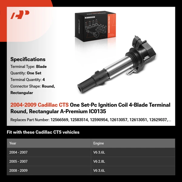2004-2009 Cadillac CTS One Set-Pc Ignition Coil 4-Blade Terminal Round, Rectangular A-Premium IC0135