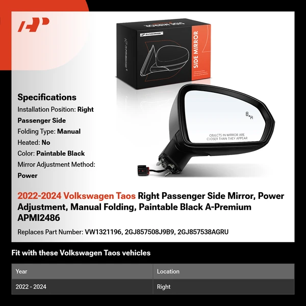 2022-2024 Volkswagen Taos Right Passenger Side Mirror, Power Adjustment, Manual Folding, Paintable Black A-Premium APMI2486