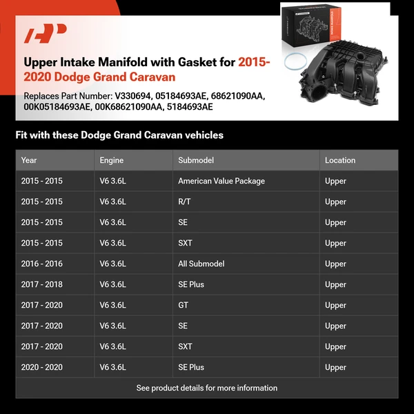 Upper Intake Manifold with Gasket for 2015-2020 Dodge Grand Caravan