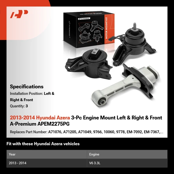 2013-2014 Hyundai Azera 3-Pc Engine Mount Left & Right & Front A-Premium APEM2275PG