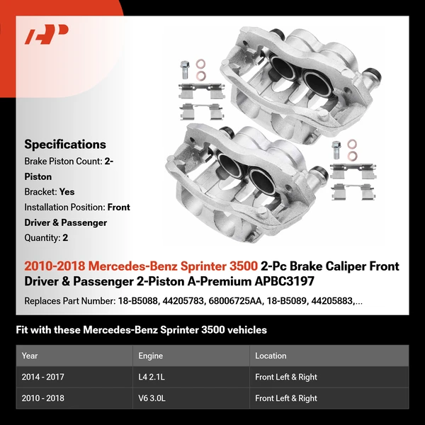 2010-2018 Mercedes-Benz Sprinter 3500 2-Pc Brake Caliper Front Driver & Passenger 2-Piston A-Premium APBC3197