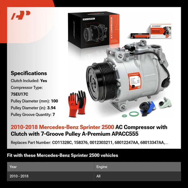 2010-2018 Mercedes-Benz Sprinter 2500 AC Compressor with Clutch with 7-Groove Pulley A-Premium APACC555