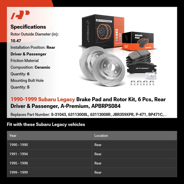 1990-1999 Subaru Legacy Brake Pad and Rotor Kit, 6 Pcs, Rear Driver & Passenger, A-Premium, APBRPS084