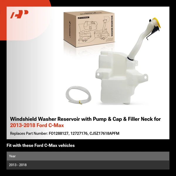 Windshield Washer Reservoir with Pump & Cap & Filler Neck for 2013-2018 Ford C-Max