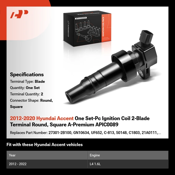 2012-2020 Hyundai Accent One Set-Pc Ignition Coil 2-Blade Terminal Round, Square A-Premium APIC0089