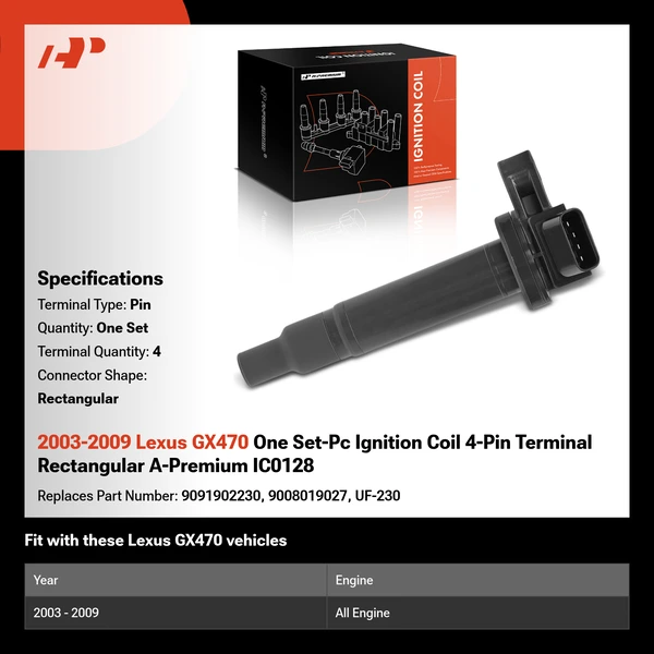 2003-2009 Lexus GX470 One Set-Pc Ignition Coil 4-Pin Terminal Rectangular A-Premium IC0128