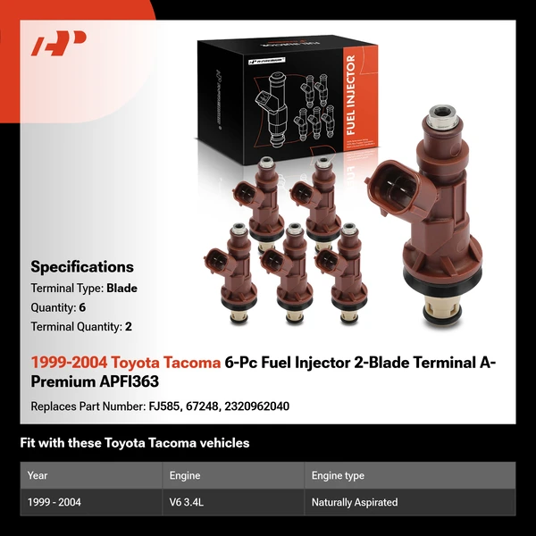 1999-2004 Toyota Tacoma 6-Pc Fuel Injector 2-Blade Terminal A-Premium APFI363