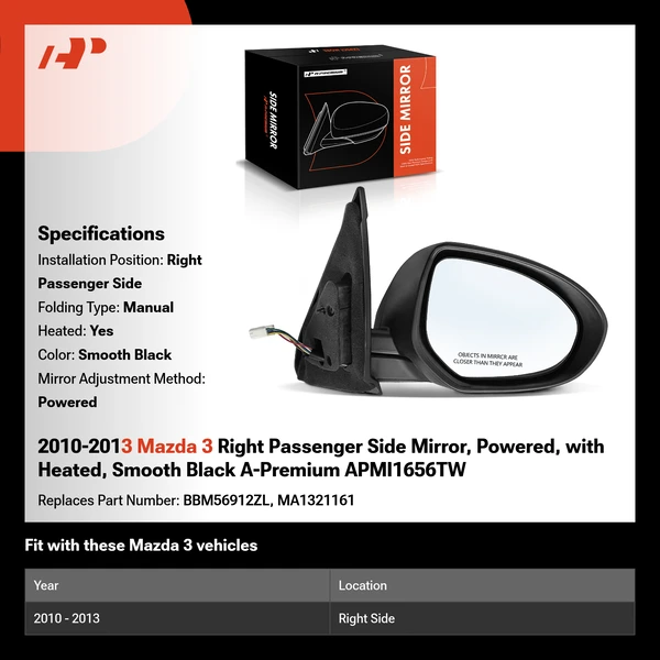 2010-2013 Mazda 3 Right Passenger Side Mirror, Powered, with Heated, Smooth Black A-Premium APMI1656TW