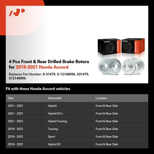 4 Pcs Front & Rear Drilled Brake Rotors for 2018-2021 Honda Accord