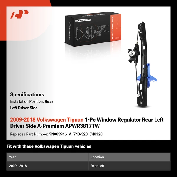 2009-2018 Volkswagen Tiguan 1-Pc Window Regulator Rear Left Driver Side A-Premium APWR3817TW