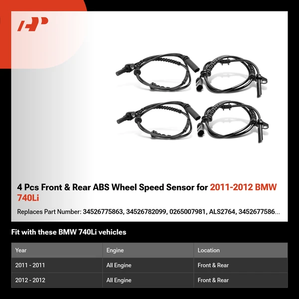 4 Pcs Front & Rear ABS Wheel Speed Sensor for 2011-2012 BMW 740Li