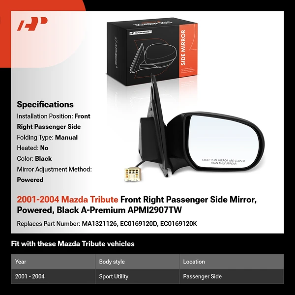 2001-2004 Mazda Tribute Front Right Passenger Side Mirror, Powered, Black A-Premium APMI2907TW