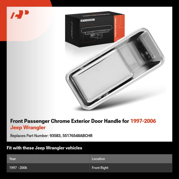 Front Passenger Chrome Exterior Door Handle for 1997-2006 Jeep Wrangler