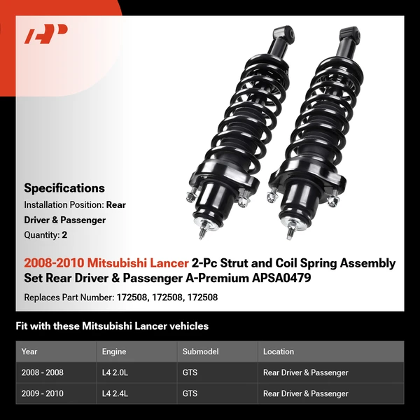 2008-2010 Mitsubishi Lancer 2-Pc Strut and Coil Spring Assembly Set Rear Driver & Passenger A-Premium APSA0479