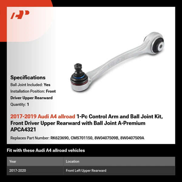 2017-2019 Audi A4 allroad 1-Pc Control Arm and Ball Joint Kit, Front Driver Upper Rearward with Ball Joint A-Premium APCA4321