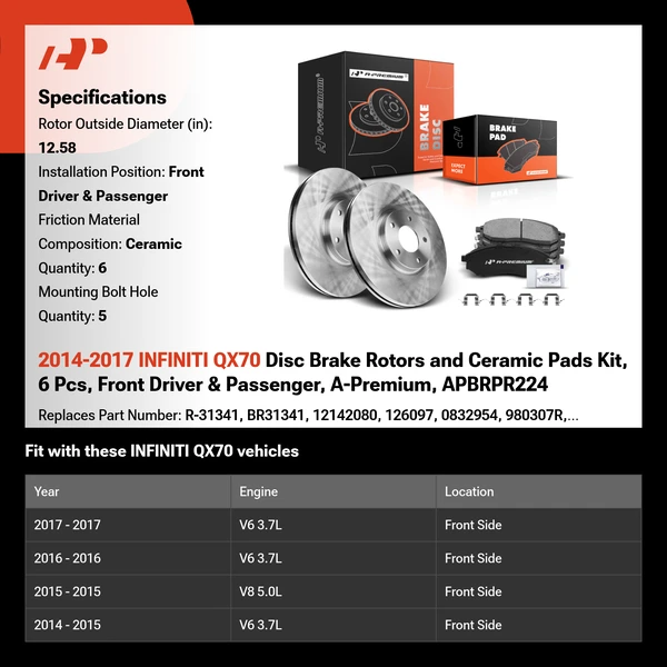 2014-2017 INFINITI QX70 Disc Brake Rotors and Ceramic Pads Kit, 6 Pcs, Front Driver & Passenger, A-Premium, APBRPR224