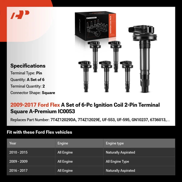 2009-2017 Ford Flex A Set of 6-Pc Ignition Coil 2-Pin Terminal Square A-Premium IC0053