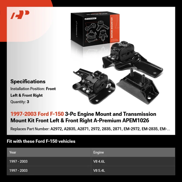 1997-2003 Ford F-150 3-Pc Engine Mount and Transmission Mount Kit Front Left & Front Right A-Premium APEM1026