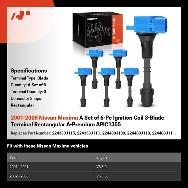 2001-2008 Nissan Maxima A Set of 6-Pc Ignition Coil 3-Blade Terminal Rectangular A-Premium APIC1355