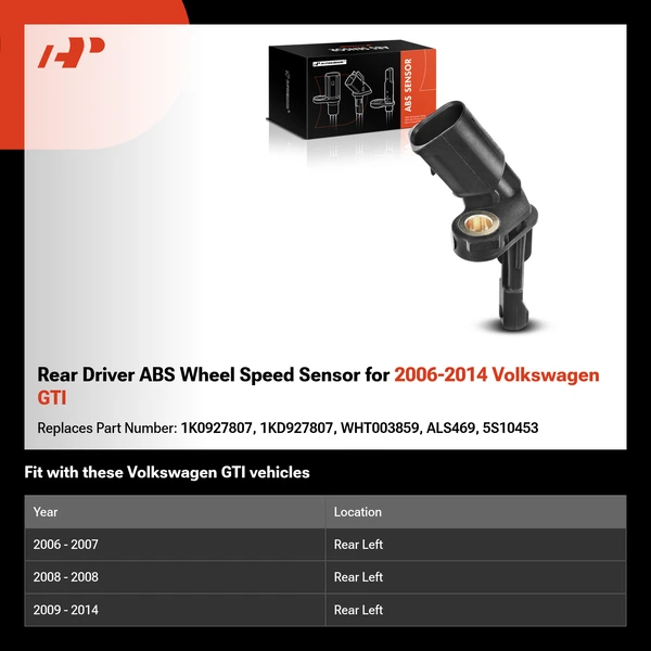 Rear Driver ABS Wheel Speed Sensor for 2006-2014 Volkswagen GTI