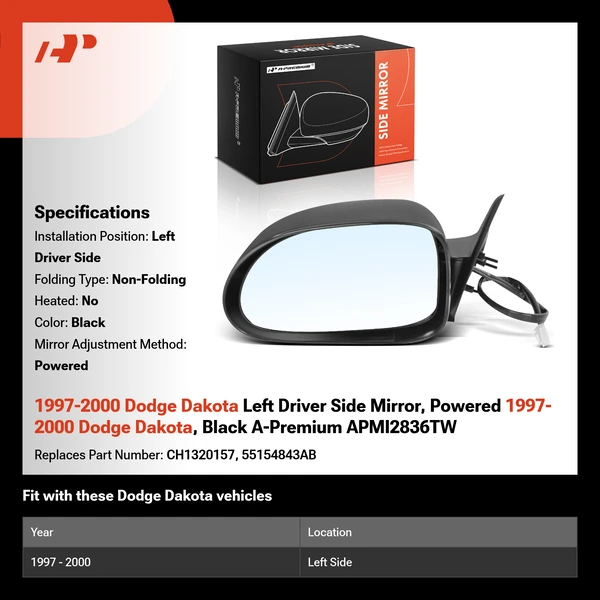 1997-2000 Dodge Dakota Left Driver Side Mirror, Powered 1997-2000 Dodge Dakota, Black A-Premium APMI2836TW