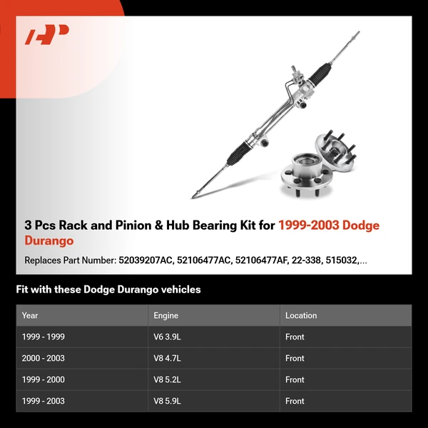 3 Pcs Rack and Pinion & Hub Bearing Kit for 1999-2003 Dodge Durango