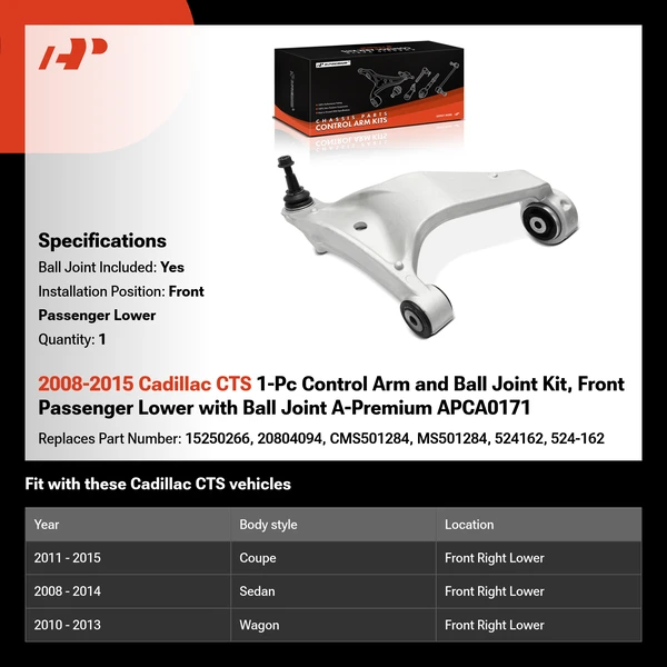 2008-2015 Cadillac CTS 1-Pc Control Arm and Ball Joint Kit, Front Passenger Lower with Ball Joint A-Premium APCA0171