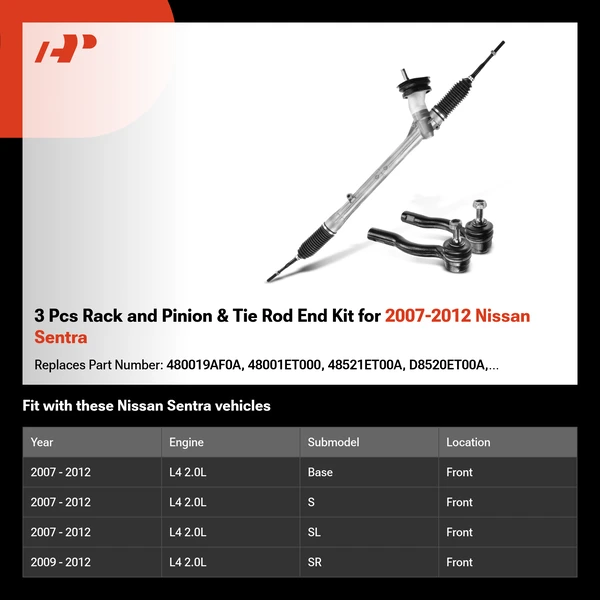 3 Pcs Rack and Pinion & Tie Rod End Kit for 2007-2012 Nissan Sentra