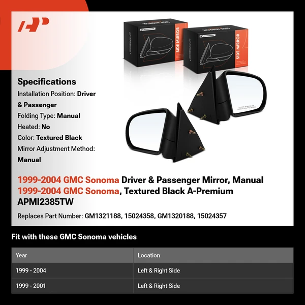 1999-2004 GMC Sonoma Driver & Passenger Mirror, Manual 1999-2004 GMC Sonoma, Textured Black A-Premium APMI2385TW
