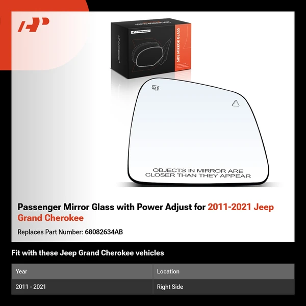 Passenger Mirror Glass with Power Adjust for 2011-2021 Jeep Grand Cherokee