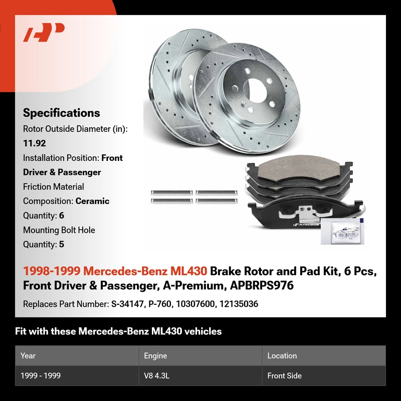 1998-1999 Mercedes-Benz ML430 Brake Rotor and Pad Kit, 6 Pcs, Front Driver & Passenger, A-Premium, APBRPS976