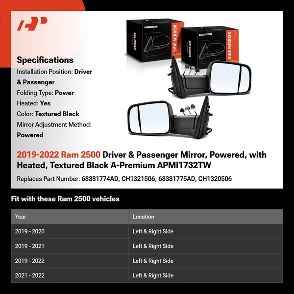 2019-2022 Ram 2500 Driver & Passenger Mirror, Powered, with Heated, Textured Black A-Premium APMI1732TW