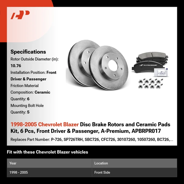 1998-2005 Chevrolet Blazer Disc Brake Rotors and Ceramic Pads Kit, 6 Pcs, Front Driver & Passenger, A-Premium, APBRPR017