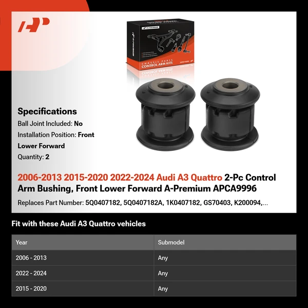 2006-2013 2015-2020 2022-2024 Audi A3 Quattro 2-Pc Control Arm Bushing, Front Lower Forward A-Premium APCA9996