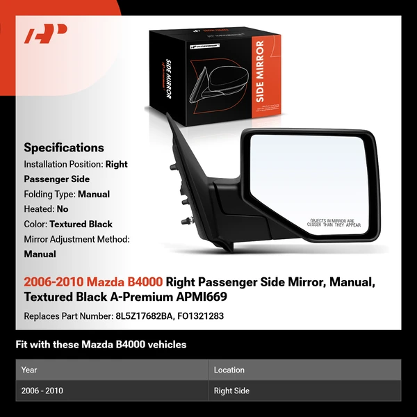 2006-2010 Mazda B4000 Right Passenger Side Mirror, Manual, Textured Black A-Premium APMI669