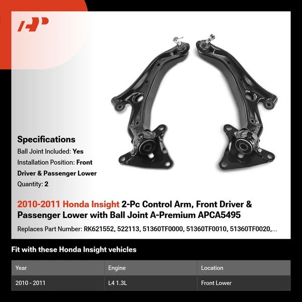 2010-2011 Honda Insight 2-Pc Control Arm, Front Driver & Passenger Lower with Ball Joint A-Premium APCA5495