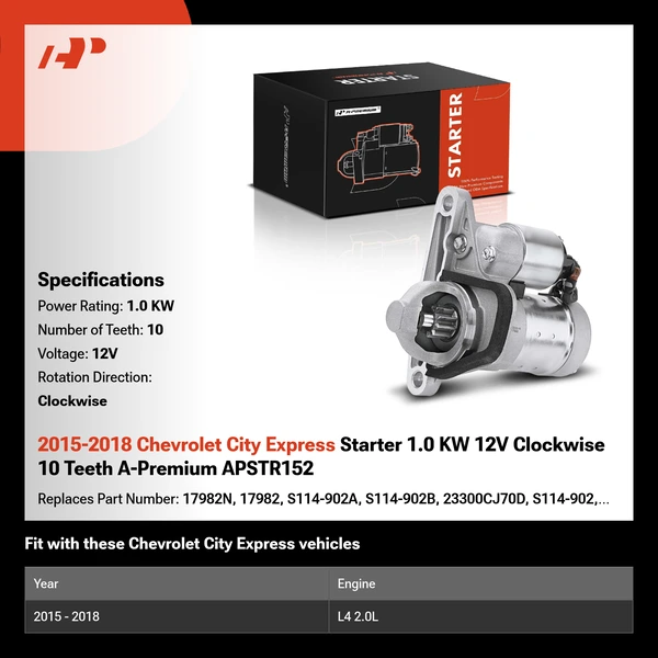 2015-2018 Chevrolet City Express Starter 1.0 KW 12V Clockwise 10 Teeth A-Premium APSTR152