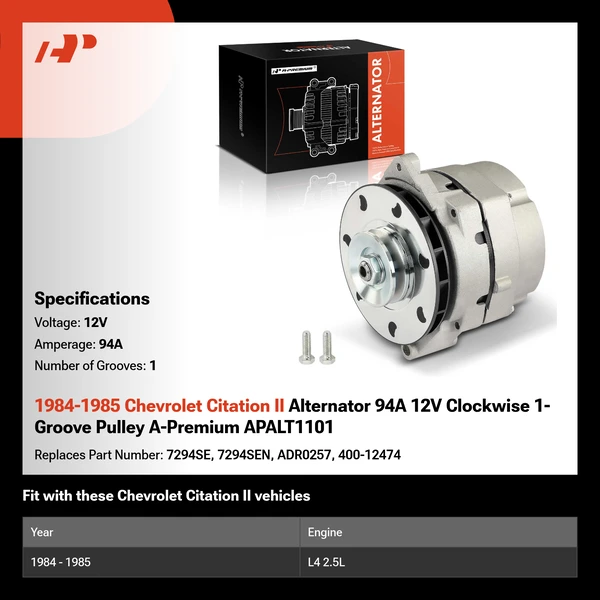 1984-1985 Chevrolet Citation II Alternator 94A 12V Clockwise 1-Groove Pulley A-Premium APALT1101