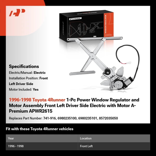 1996-1998 Toyota 4Runner 1-Pc Power Window Regulator and Motor Assembly Front Left Driver Side Electric with Motor A-Premium APWR2615