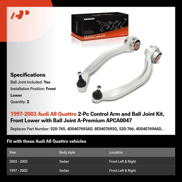 1997-2003 Audi A8 Quattro 2-Pc Control Arm and Ball Joint Kit, Front Lower with Ball Joint A-Premium APCA0047