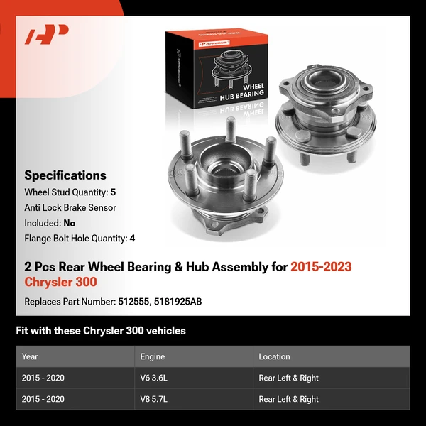 2 Pcs Rear Wheel Bearing & Hub Assembly for 2015-2023 Chrysler 300