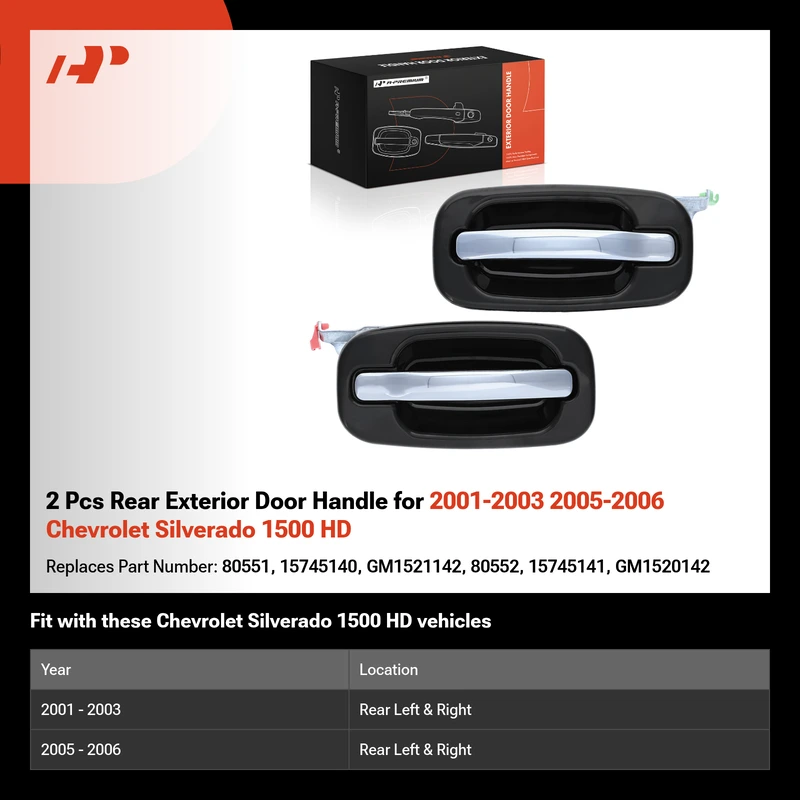 2 Pcs Rear Exterior Door Handle for 2001-2003 2005-2006 Chevrolet Silverado 1500 HD
