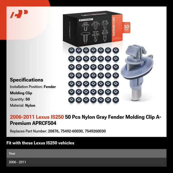 2006-2011 Lexus IS250 50 Pcs Nylon Gray Fender Molding Clip A-Premium APRCF504
