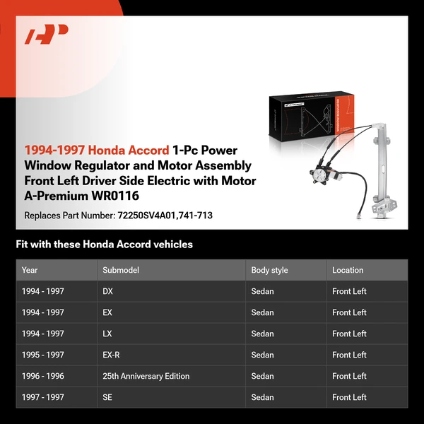 1994-1997 Honda Accord 1-Pc Power Window Regulator and Motor Assembly Front Left Driver Side Electric with Motor A-Premium WR0116