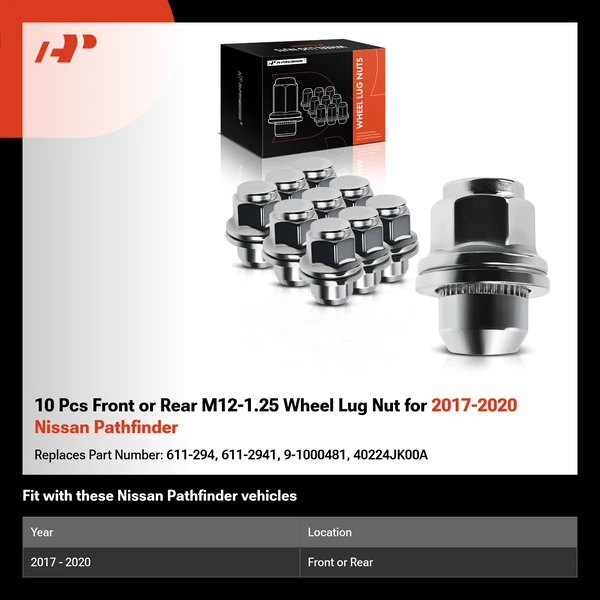 10 Pcs Front or Rear M12-1.25 Wheel Lug Nut for 2017-2020 Nissan Pathfinder